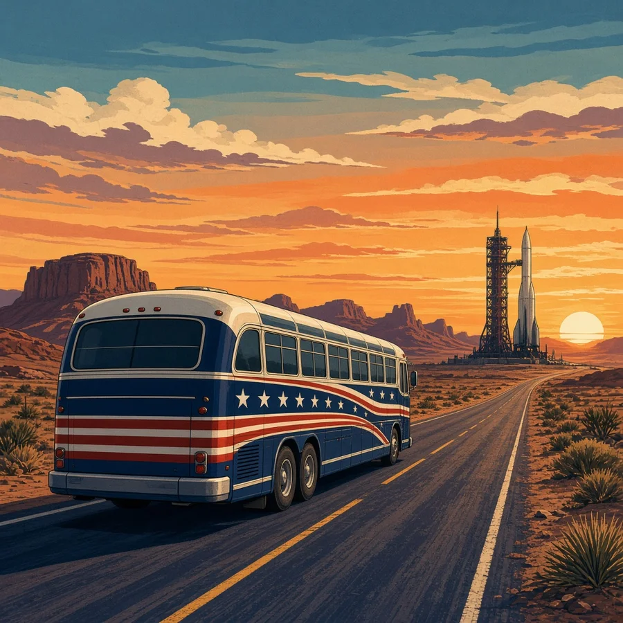 Striped bus on a desert road with a rocket in the distance