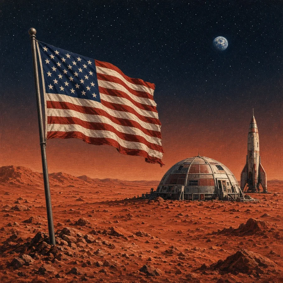 US flag and a dome habitat on Mars